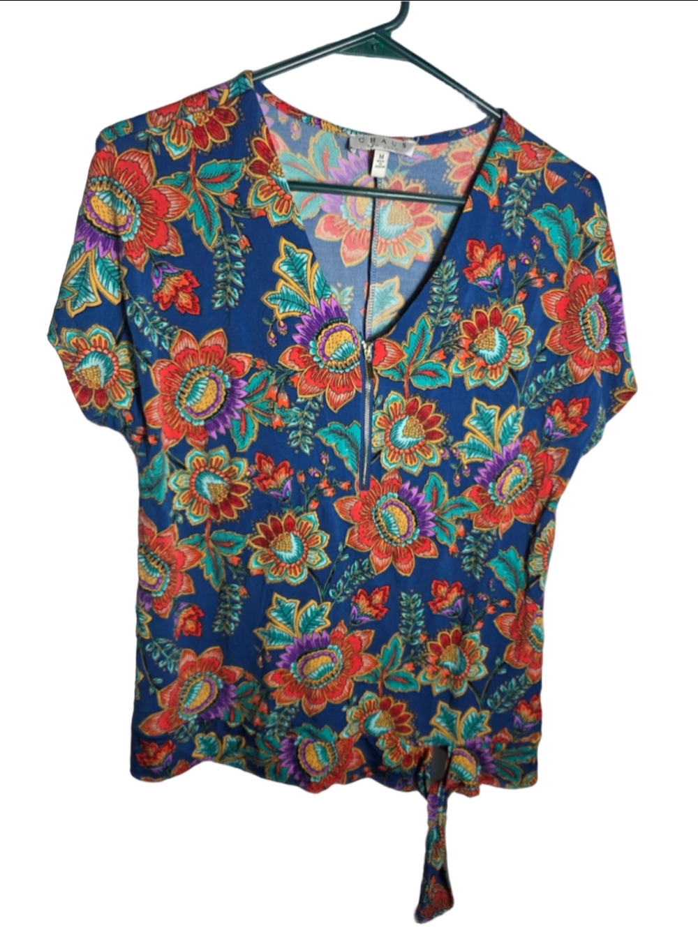Women's Chaus Floral Short Sleeve Zip-Front Tee, Blue/Orange, Size M paisley